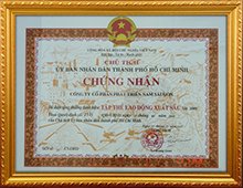 Chứng nhận "Tập thể lao động xuất sắc" do Chủ tịch Uỷ Ban Nhân Dân TP.HCM khen tặng